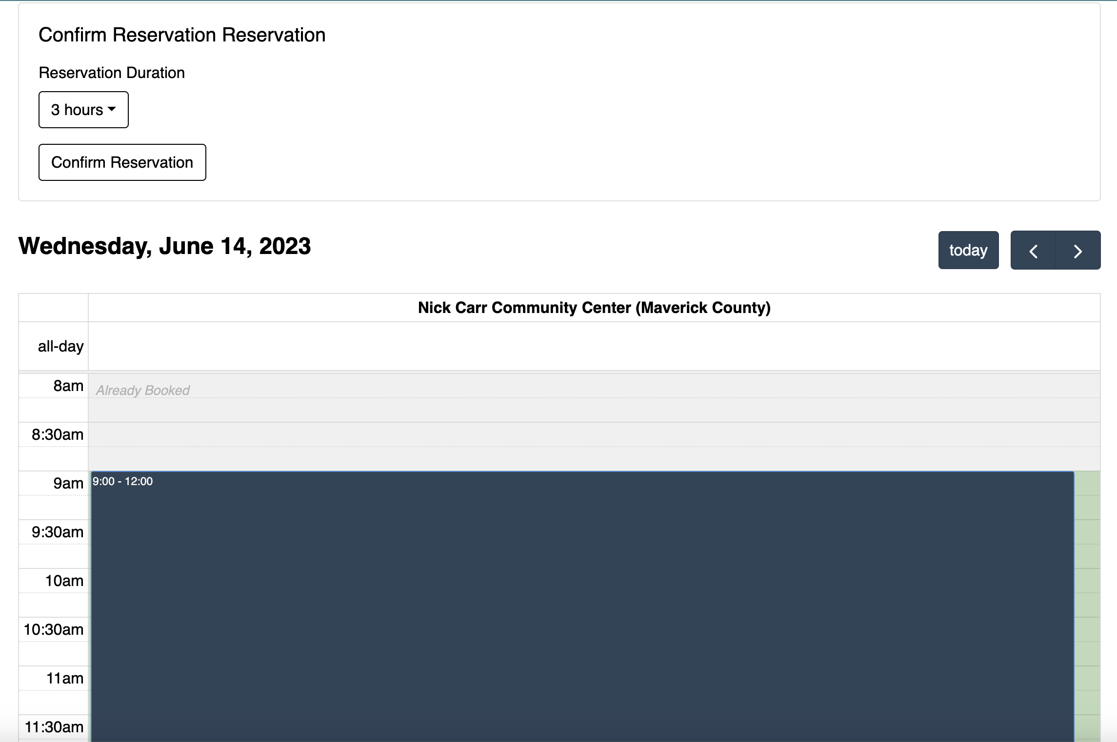 Screenshot of booking form with selected times