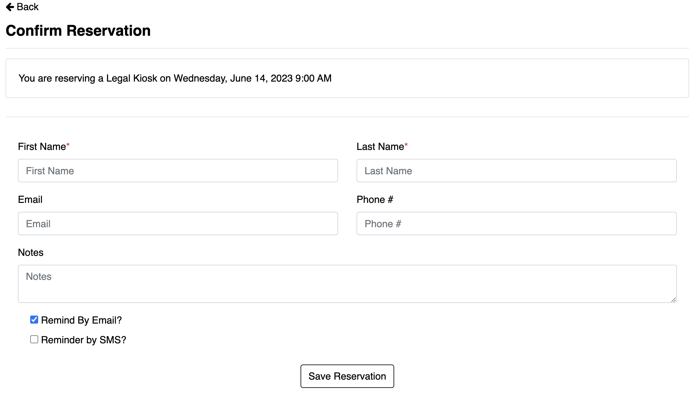 Screenshot of booking form with information input