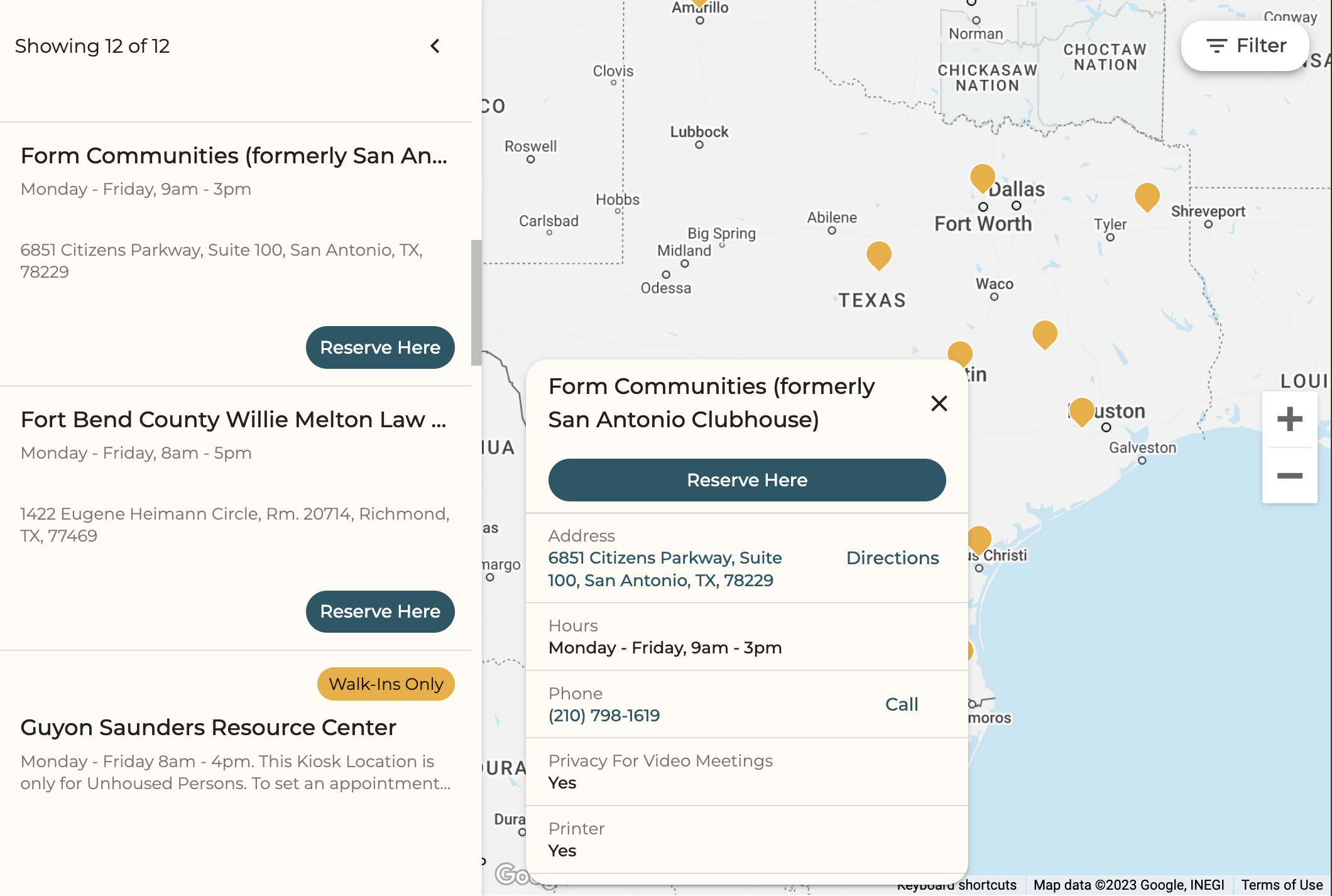 Screenshot of kiosk map with kiosk locations