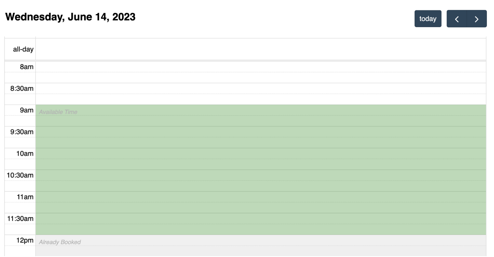 Screenshot of booking form with available times